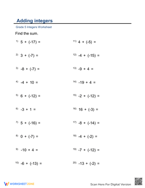 Adding Integers Worksheet for Grade 5