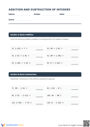 Adding and Subtracting Integers Worksheet | Grade 7 Ready