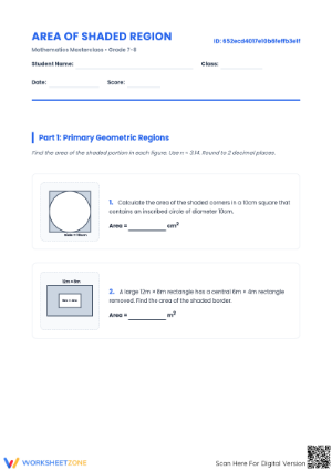 Printable Area of Shaded Region Worksheet | Grade 7-8