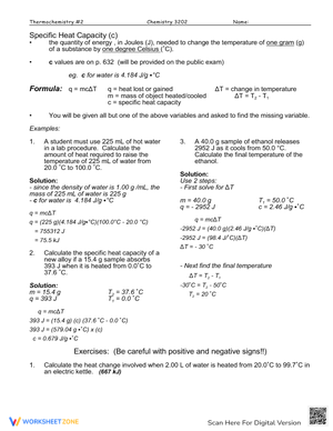Specific Heat Capacity Worksheet: Chemistry Problems