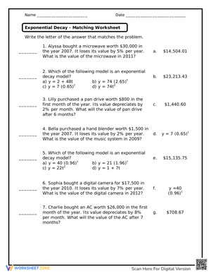 Exponential Decay Matching Worksheet: Math Practice