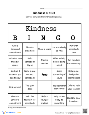 Kindness Bingo Worksheet: Promoting Positive Actions