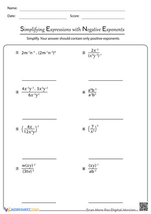 Simplify Expressions with Negative Exponents Worksheet