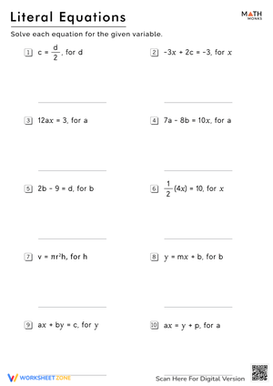 Solve Literal Equations with this Comprehensive Worksheet