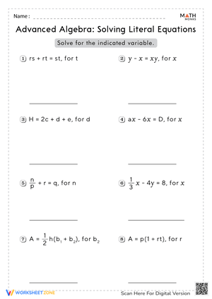 Free Printable Solving Literal Equations Worksheets