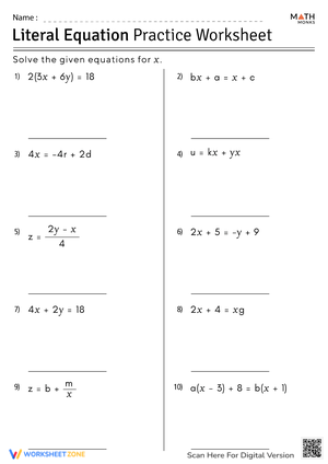 Literal Equations: Isolate Variables Worksheet
