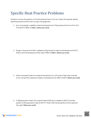 Specific Heat Practice: Thermodynamics Worksheet