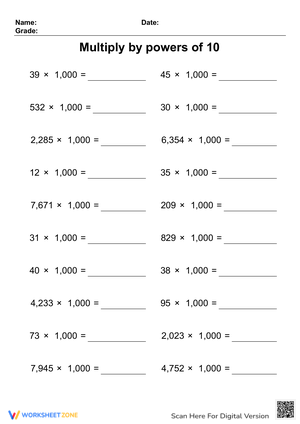 Multiplying by Powers of 10 Worksheet
