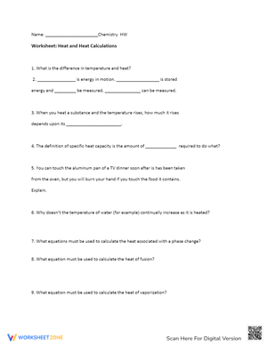 Heat and Heat Calculations Worksheet