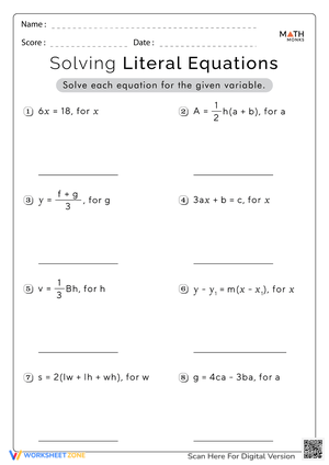 Literal Equations: Solve for X Worksheet