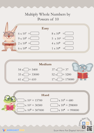 Multiply Whole Numbers by Powers of 10 Worksheet