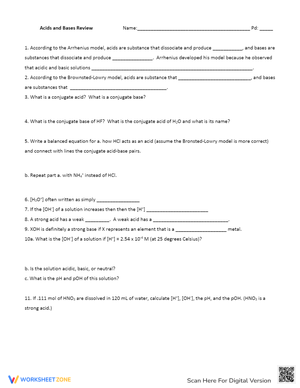 Acids and Bases Review Worksheet for Chemistry Students