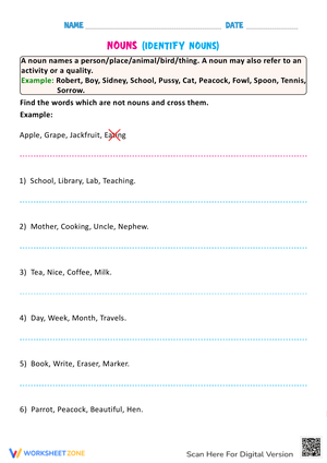 Worksheet to Identify Nouns