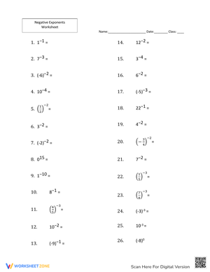 Simplifying Negative Exponents Worksheet for Algebra