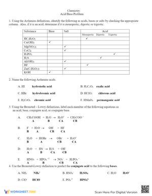 Acid-Base Problem Worksheet: Chemistry Practice
