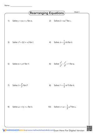 Grade 7 Solving Literal Equations Worksheets 2024