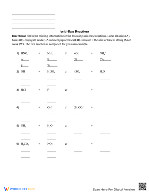 Acids and Bases Reactions: Chemistry Practice Worksheet