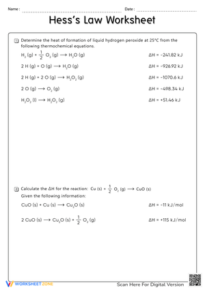 Hess's Law Practice Problems: Chemistry Worksheet