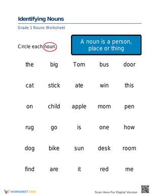 Identifying Nouns: Grammar Skill-Building Worksheet