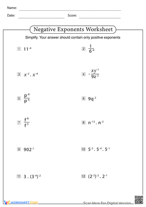 Negative Exponents Worksheet: Algebra Practice Problems
