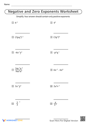 Negative and Zero Exponents: Math Practice Worksheet