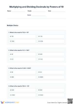 Grade 7-8 Decimal Powers of 10 - Printable No-Prep Worksheet