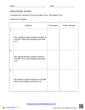 Types of Angles: Degrees and Identification Worksheet