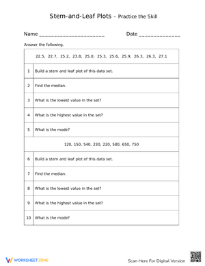 Stem and Leaf Plots: Skill Practice Worksheet