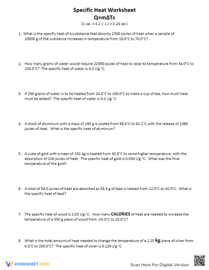 Specific Heat Problem Solving Worksheet