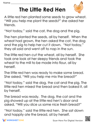 The Little Red Hen Reading Comprehension Worksheet