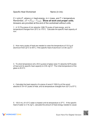 Specific Heat Worksheet with Answers