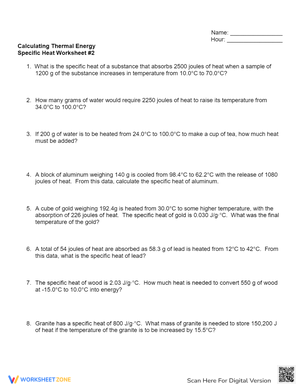 Calculating Thermal Energy & Specific Heat Worksheet