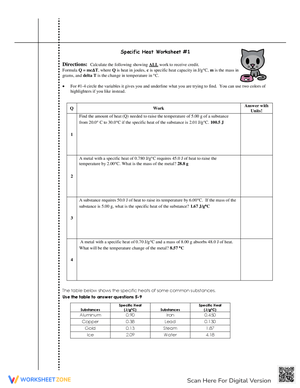 Practice with Specific Heat Worksheet