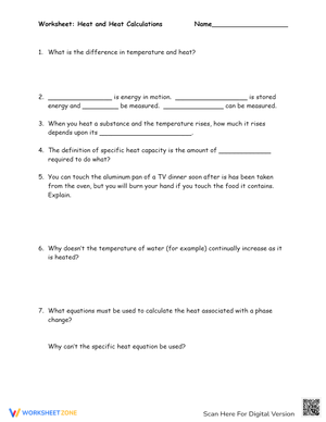 Specific Heat and Heat Calculations Worksheet