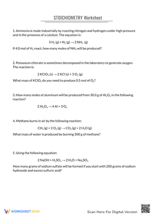 Stoichiometry Worksheet for Chemistry Students