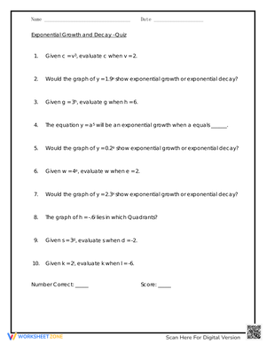 Exponential Growth and Decay Quiz Worksheet
