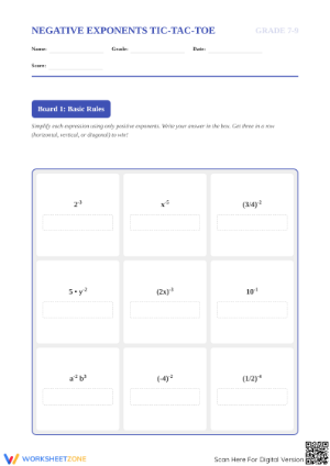 Printable Negative Exponents Tic-Tac-Toe Worksheet