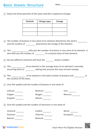 Basic Atomic Structure Worksheet with Answers