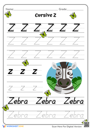 Cursive Letter Z Handwriting and Tracing Practice