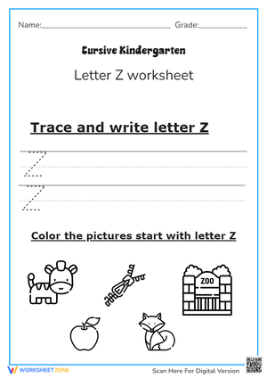 Cursive Letter Z: Trace & Color! Kindergarten Worksheet Fun