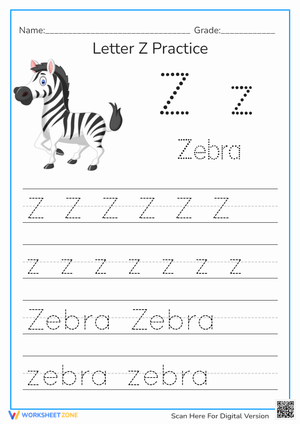 Zebra Letter Z Handwriting Practice - Trace & Learn!
