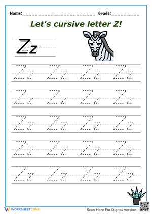 Cursive Letter Z Tracing Worksheet - Handwriting Practice with Zebra!