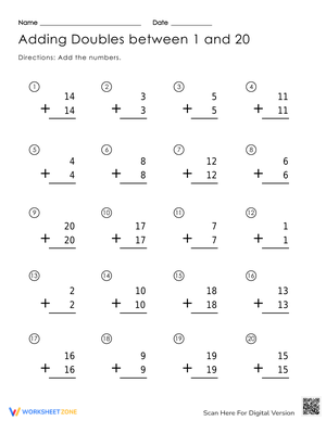 Adding Doubles Between 1 and 20 Worksheet