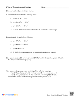 1st law of Thermodynamics Worksheet