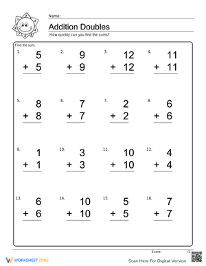 Addition Doubles Worksheet for Math Practice