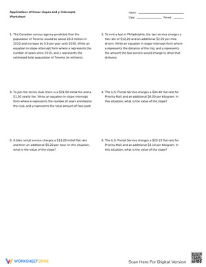 Applications of Linear Slopes and Y-Intercepts Worksheet