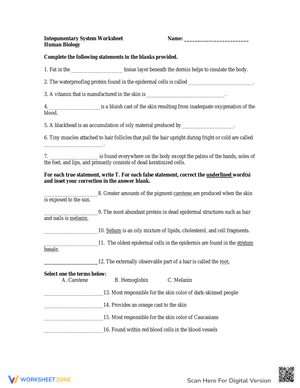 Human Biology Integumentary System Worksheet