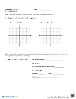 Quadratic Functions Worksheet
