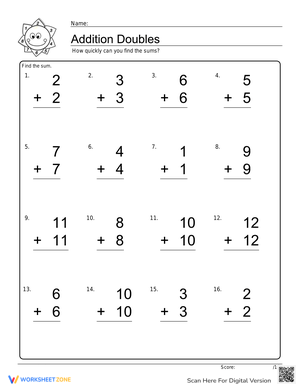 Addition Doubles Math Worksheet