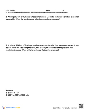 Applications of Quadratic Functions Worksheet